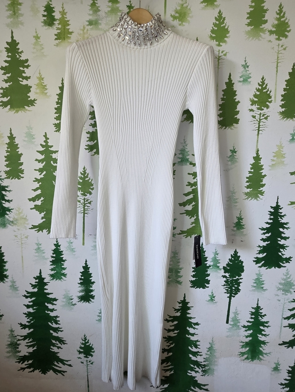 bebe White Ribbed Long Sleeve Maxi Dress with Jeweled High Neck